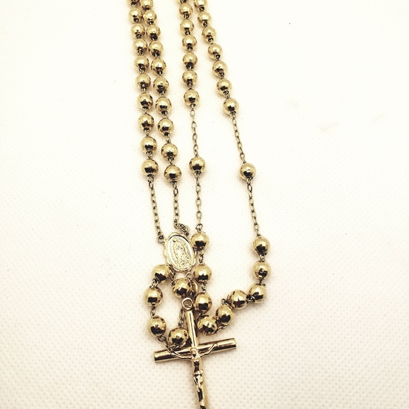 14K Solid Gold 6mm Bead Ball Rosary Necklace 26" Guadalupe Rosario Collar Oro - Picture 4 of 16